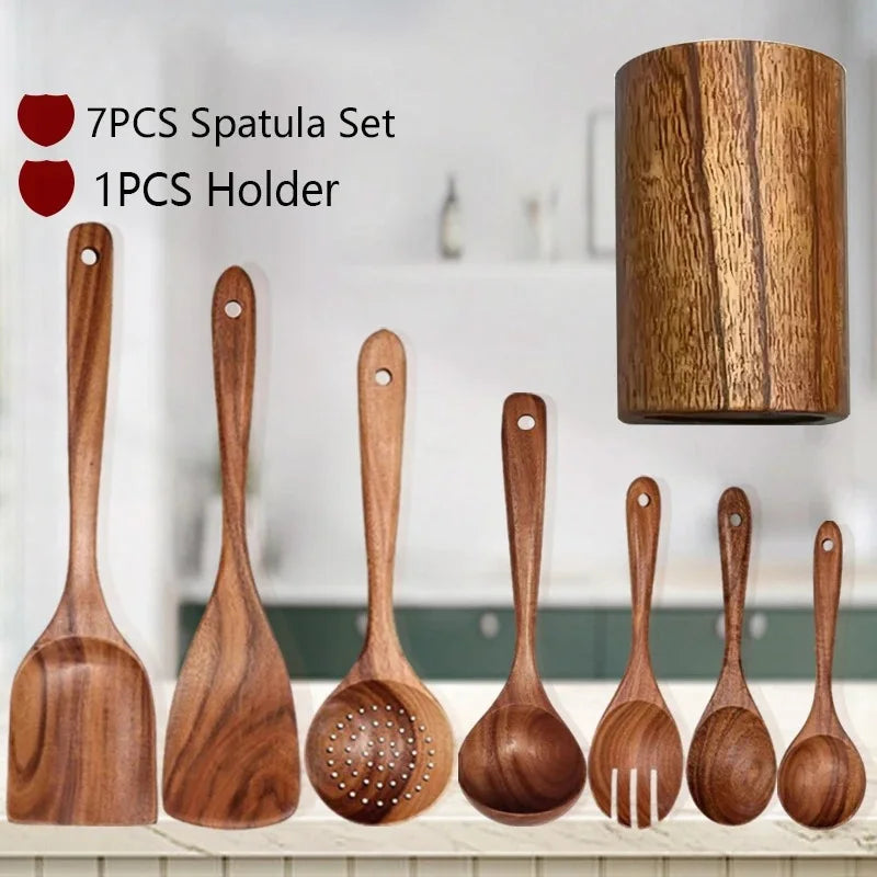 Wxcoo Cucchiai Da Cucina In Legno Di Teak Naturale Set Spatole E Paletta In Legno Antiaderente Utensili Da Cucina
