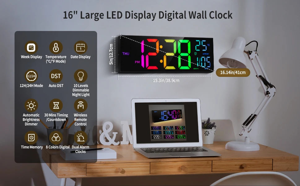 Orologio Da Parete Digitale 16 Pollici Con Display LED E Telecomando 8 Colori RGB Allarme DST Temperatura Per Soggiorno