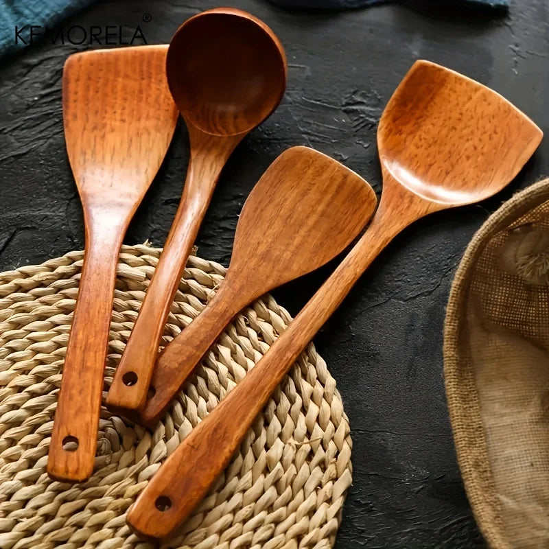 Kemorela Set Utensili Cucina In Legno 4 Pezzi Paletta Spatola Cucchiaio Pala Antiaderente Per Cottura