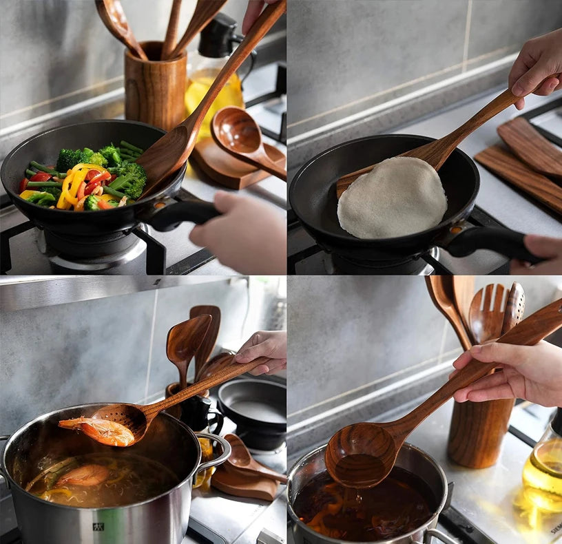 Wxcoo Cucchiai Da Cucina In Legno Di Teak Naturale Set Spatole E Paletta In Legno Antiaderente Utensili Da Cucina