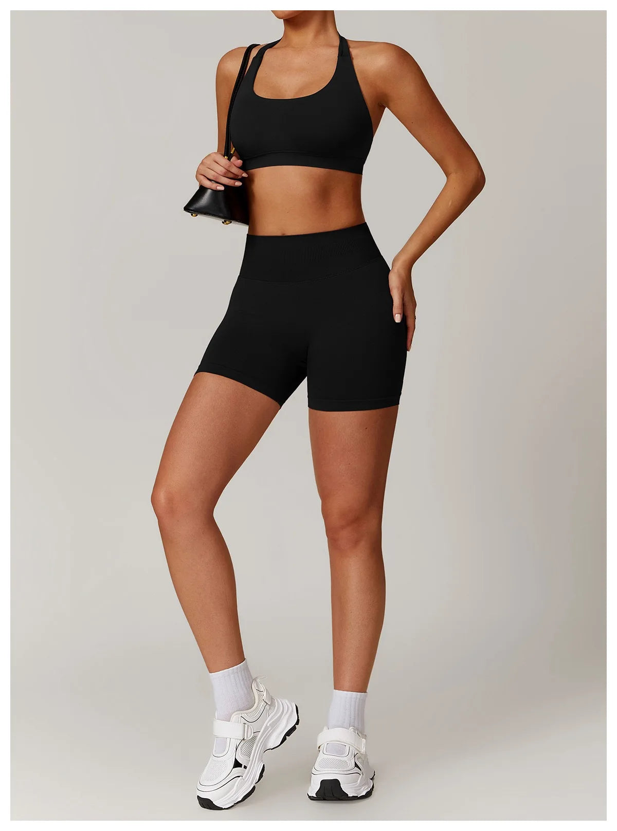 Set Sportivo Da Yoga Donna 2 Pezzi Giacca Seamless Scollo Americana Reggiseno Pantaloncini Elasticizzati Per Fitness