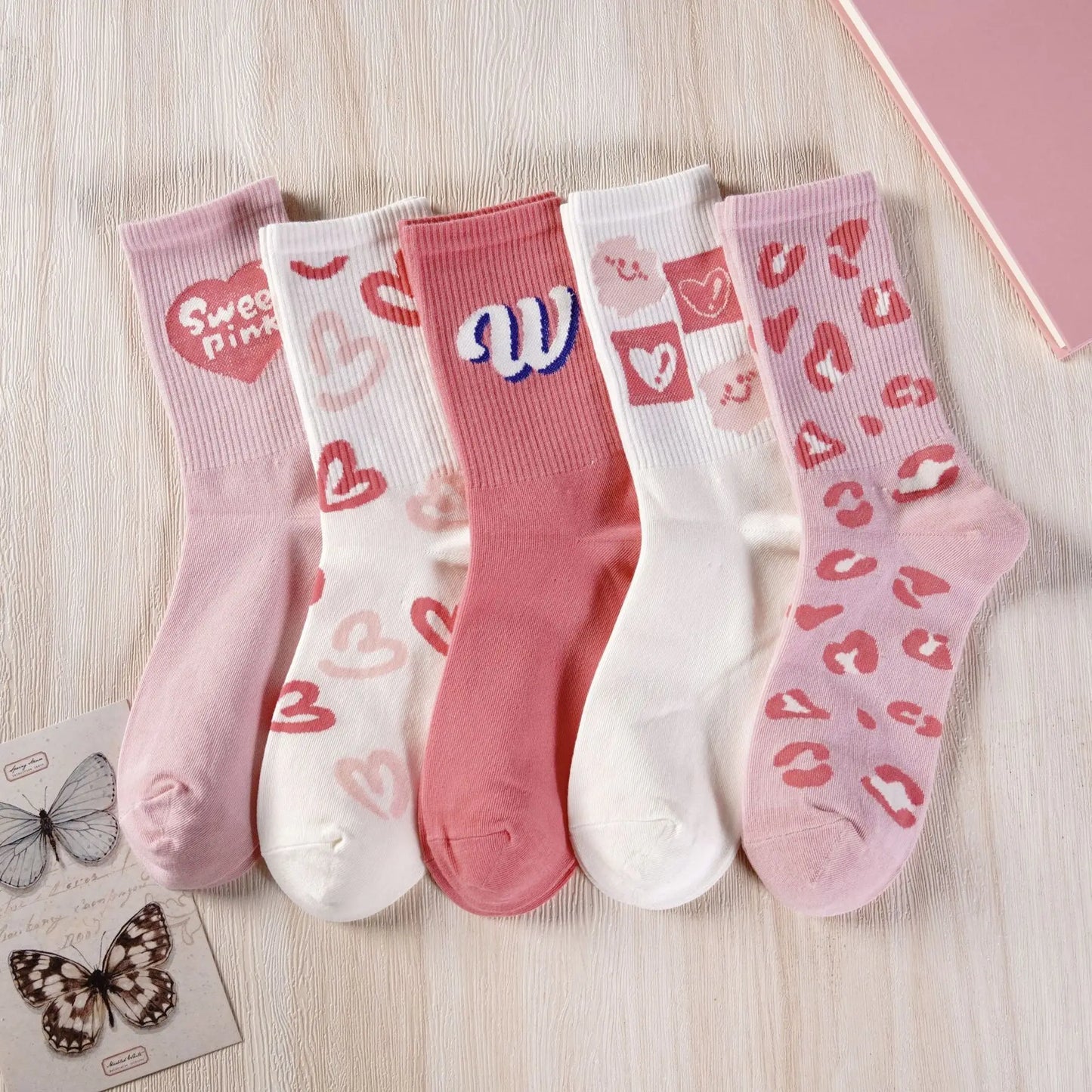 5 Paia Calzini Da Donna In Cotone Set Autunno Primavera Inverno Kawaii Harajuku Rosa Bianco Love Print