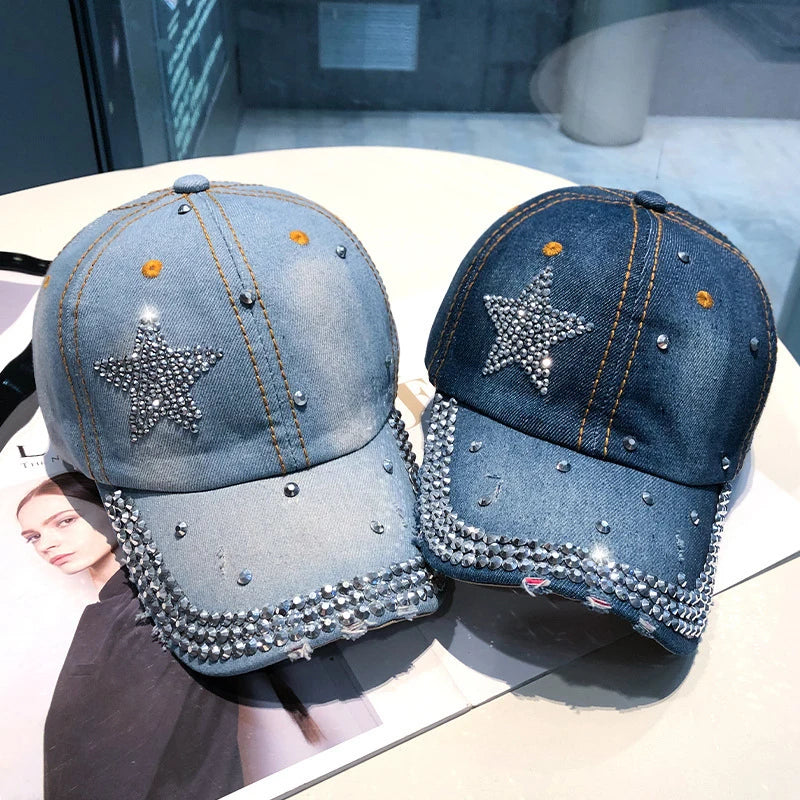 Berretto Da Baseball Da Donna In Denim Con Stella Di Strass Regolabile Snapback Con Visiera Alla Moda