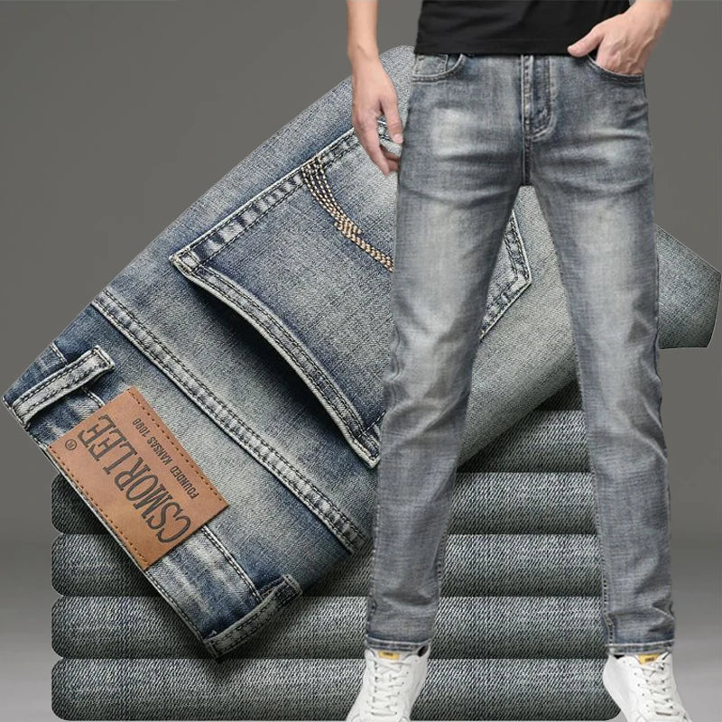 Jeans Uomo Slim Fit Vintage Di Fascia Alta In Denim Pesante Caldo Pantaloni Grigi Casual Versatili Dritti Quotidiani