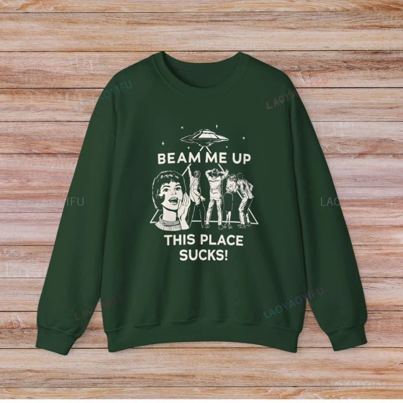 Felpa con Cappuccio Retrò Design Alien UFO Abduzione Per Amanti Anime Sci Fi Calda
