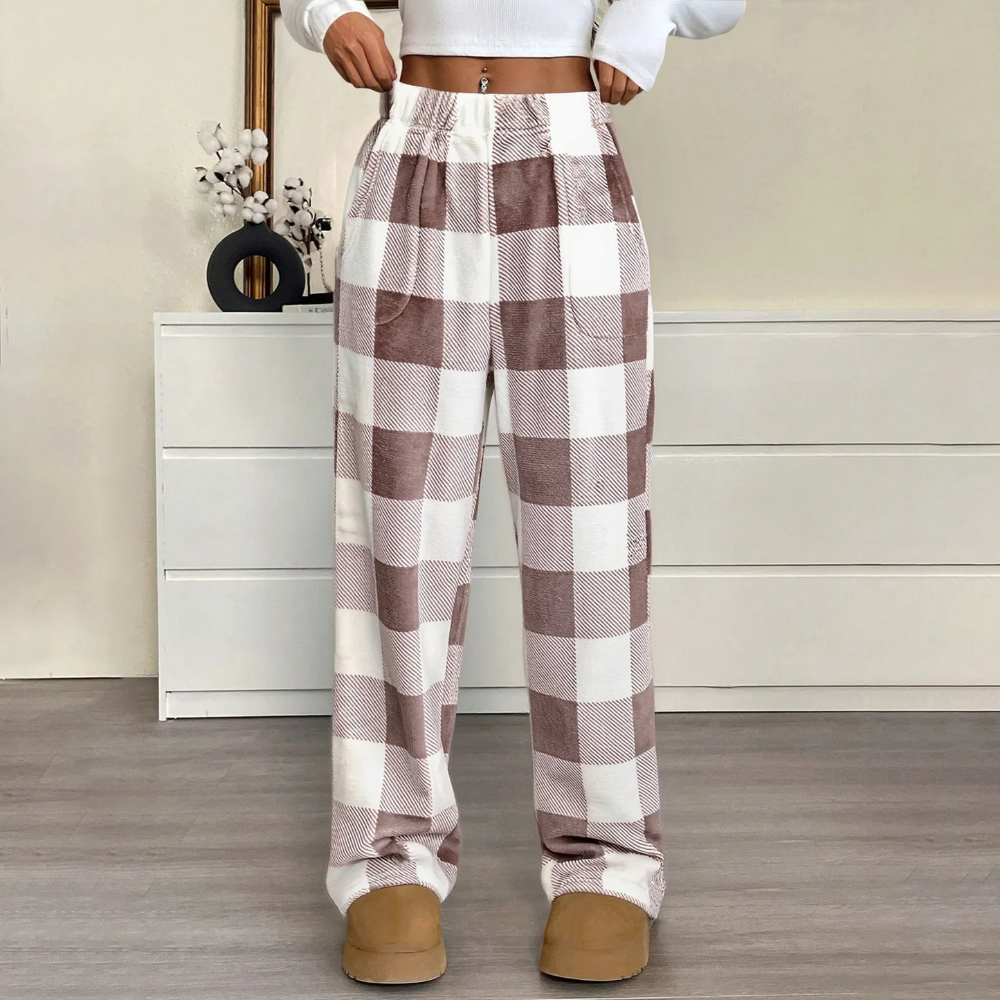 Pantaloni Del Pigiama Da Donna Con Vita Elastica E Scozzesi In Pile Morbidi Con Tasche Peluche