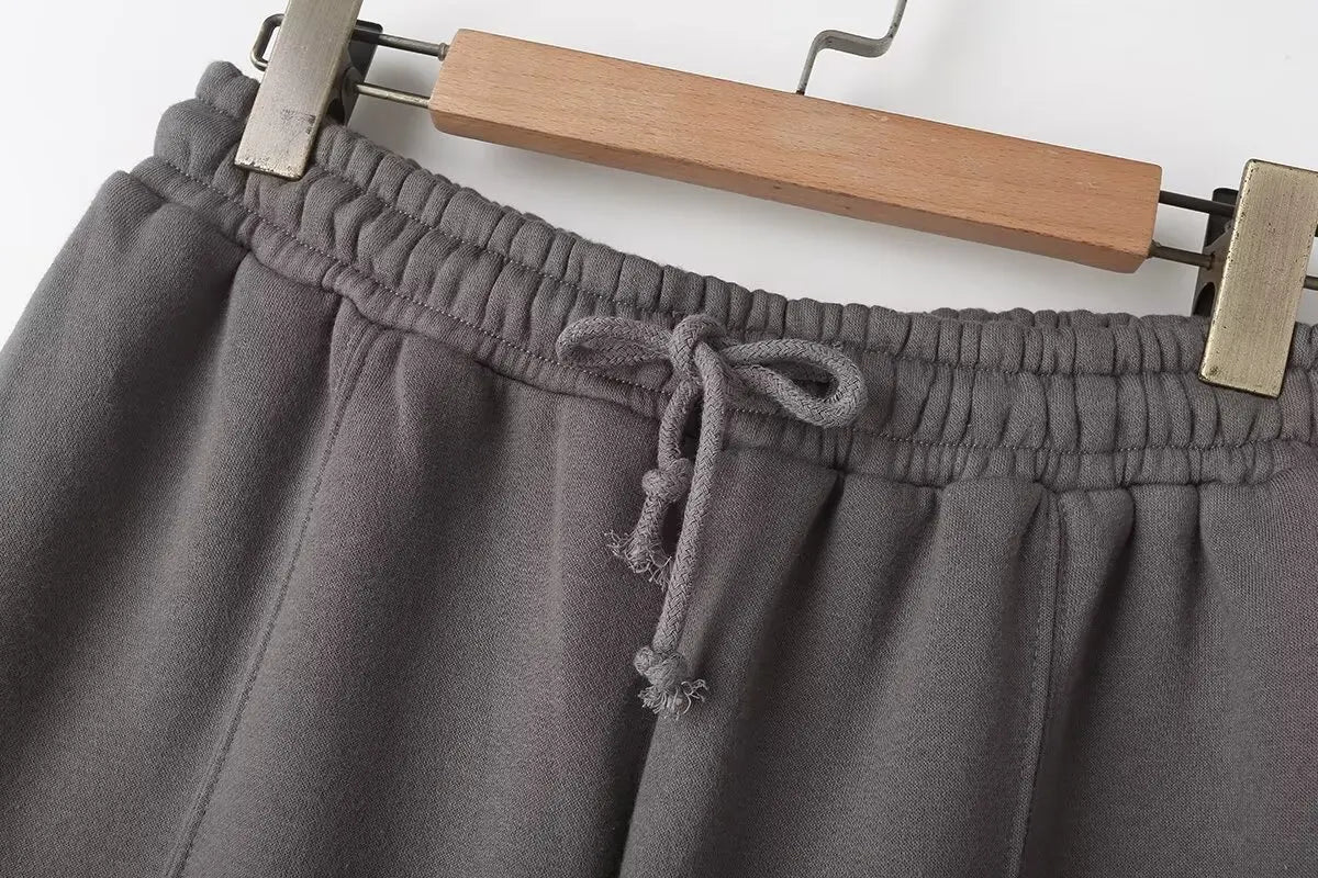 Giacche Bomber Donna Autunno 2 Pezzi Retro Tinta Unita Con Zip Pantaloni A Gamba Larga Con Lacci A Vita Alta Street Wear