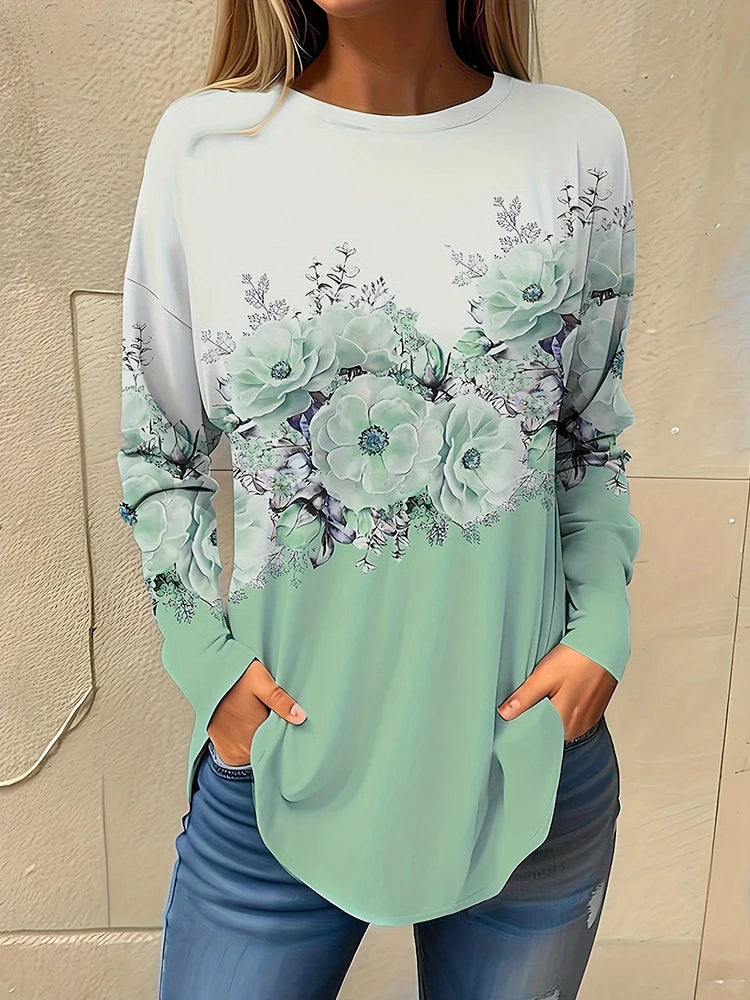 Magliette Calde Da Donna Per Autunno Inverno Maniche Lunghe Stampe Fiori 3D Casual Street Style