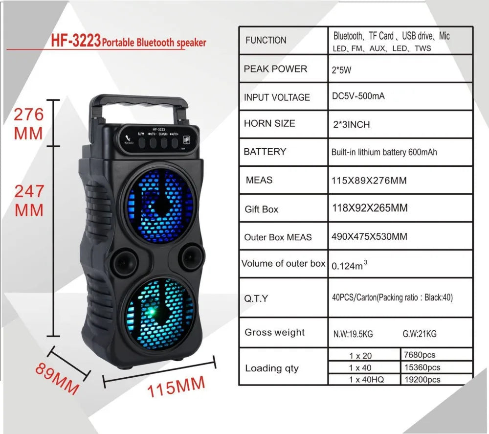 Altoparlante Wireless Esterno Portatile Doppio Subwoofer Tre Pollici Bass Boost Radio FM Scheda TF USB Karaoke Domestico