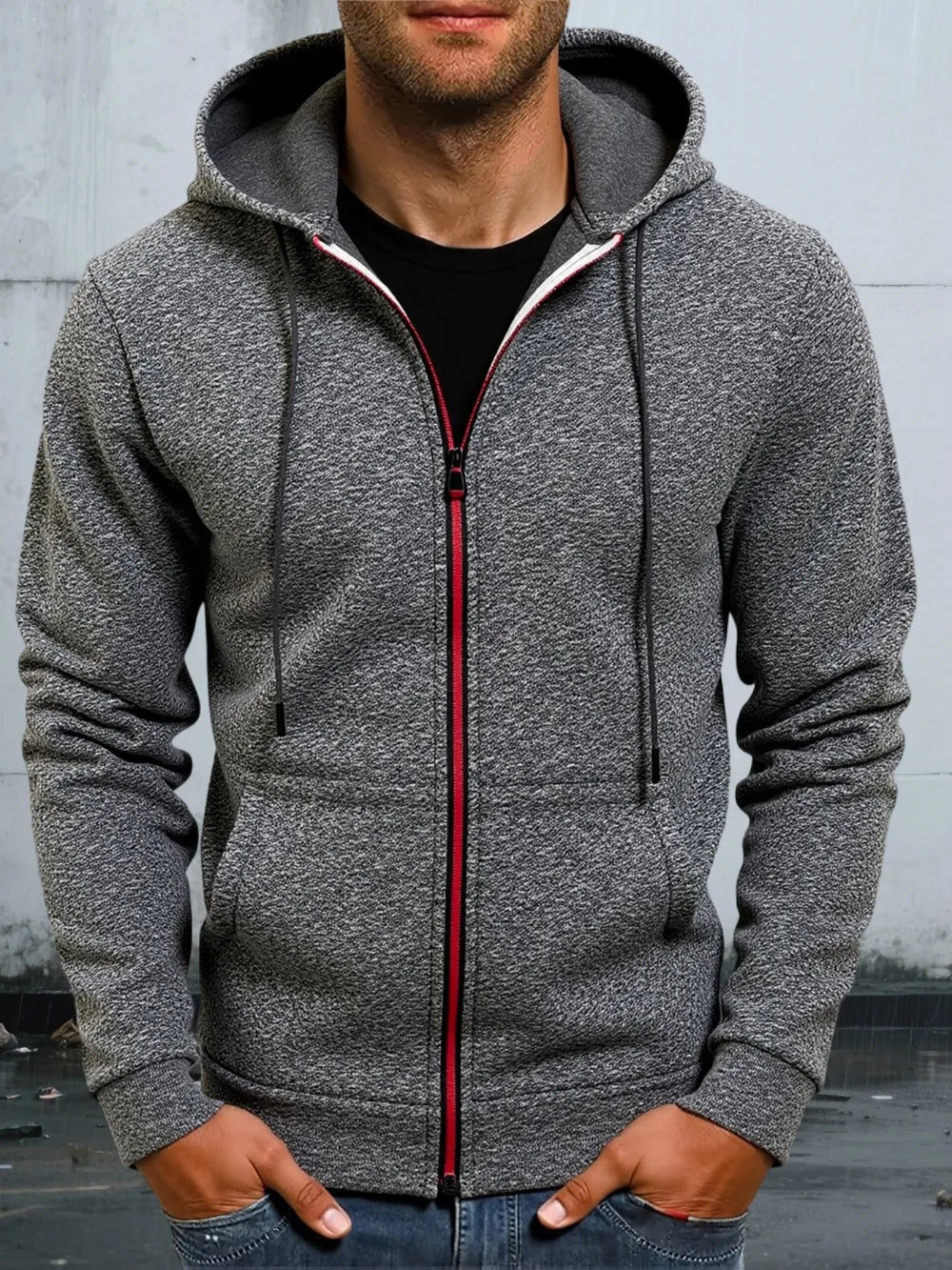Felpa Da Uomo Autunnale Tinta Unita Con Cappuccio Maniche Lunghe E Chiusura A Cerniera Slim Fit Con Tasche