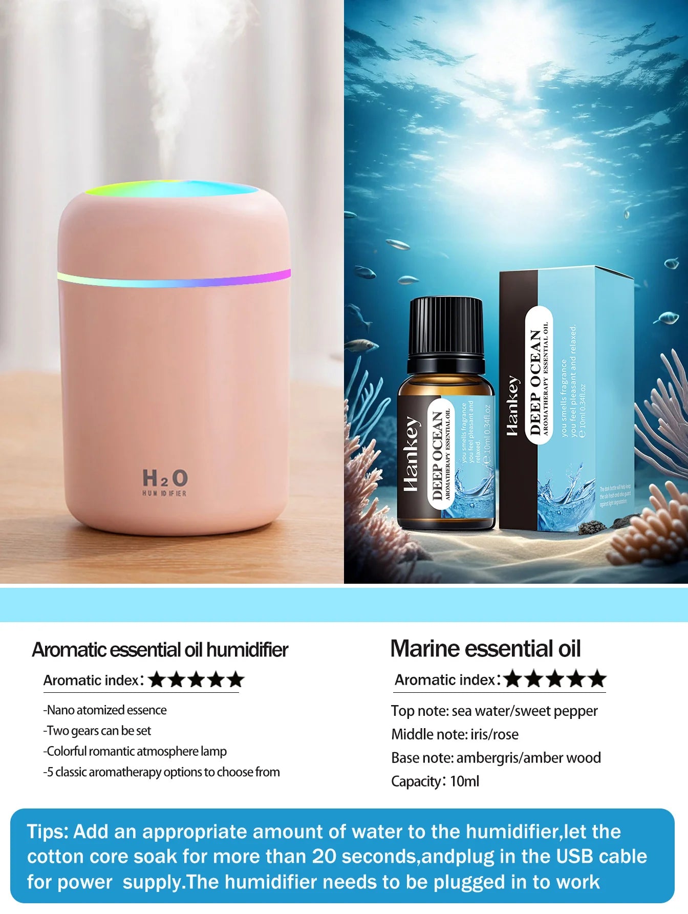 Diffusore Aromaterapia Umidificatore Purificatore D'Aria 300ml Luce a Sette Colori Olio Essenziale per Uso Domestico