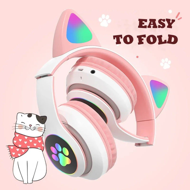 Lampada Cuffie Orecchie Di Gatto Bluetooth 5 0 Stereo Microfono Slot TF Auricolare Wireless Ragazze Bambini Regalo