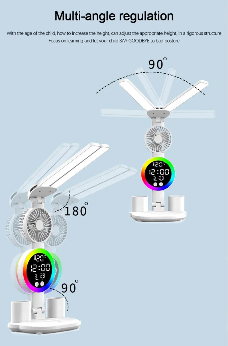 Lampada Da Tavolo Led Con Ventilatore Orologio Ricaricabile Luminosità Regolabile Per Studio Scrivania