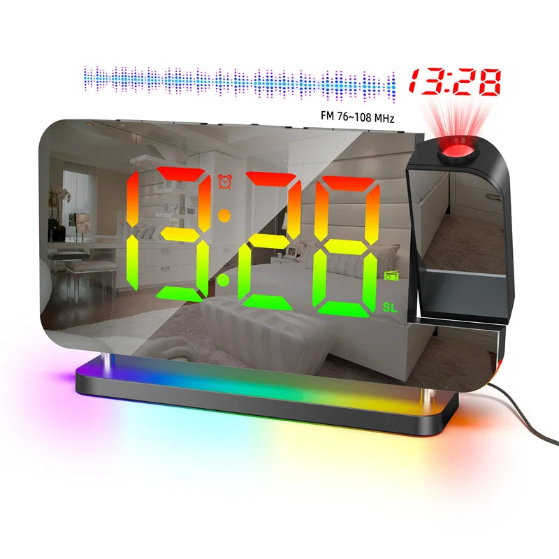 Radio FM a Proiezione 180 Gradi con Sveglia RGB e Luce Notturna 6 Livelli di Luminosità USB Doppia Uscita Orologio LED