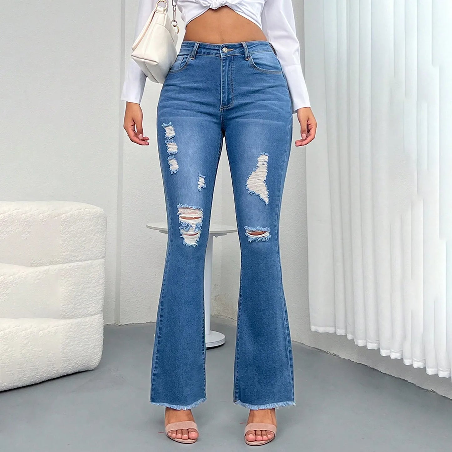 Jeans Da Donna Slim Fit High Waist Strappi Retrò In Denim Tinta Unita Con Tasche