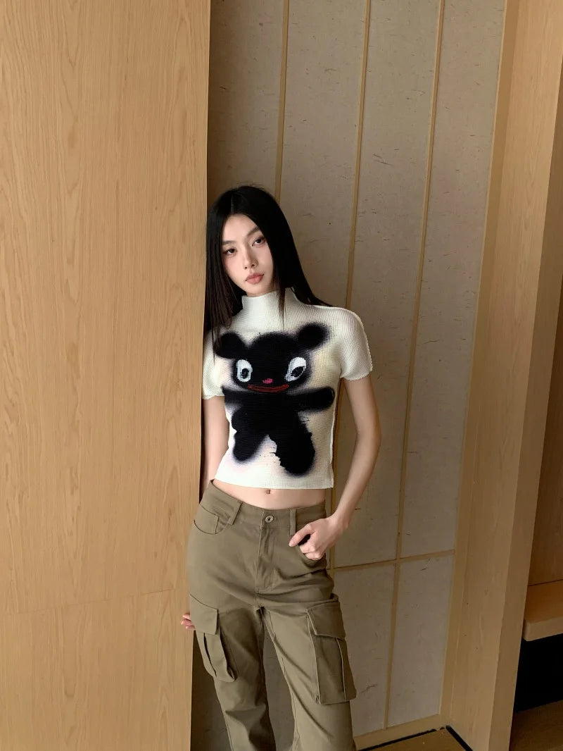 Cheerart Y2K Moda Crop Top Piega Da Donne Estate Manica Corta Kawaii Cartoon T Shirt Abbigliamento
