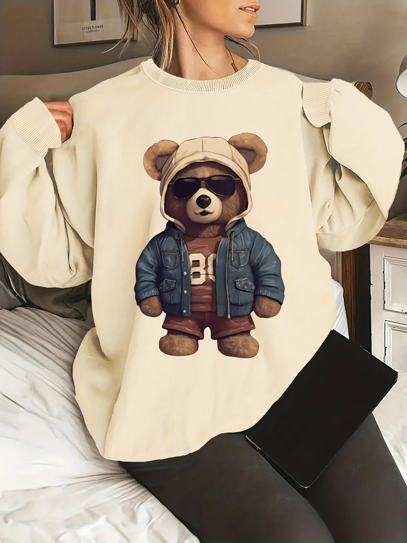 Pullover da Donna Autunno Inverno Casual Ampio con Motivo Gatto Caldo Stampato Girocollo a Maniche Lunghe