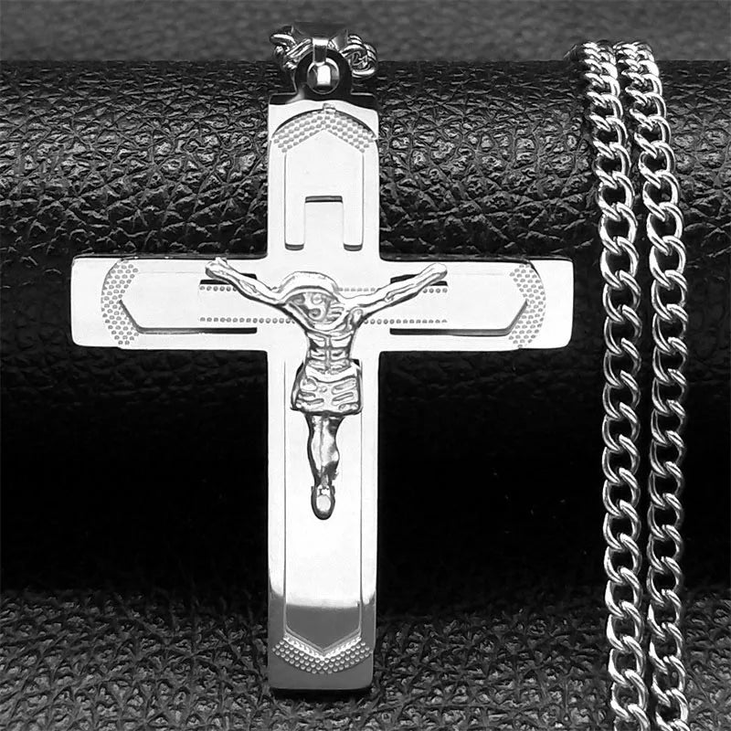 Collana Croce Biblica In Acciaio Inossidabile Pendente Gesù Lunga Unisex Uomo Donna Gioielli Religiosi