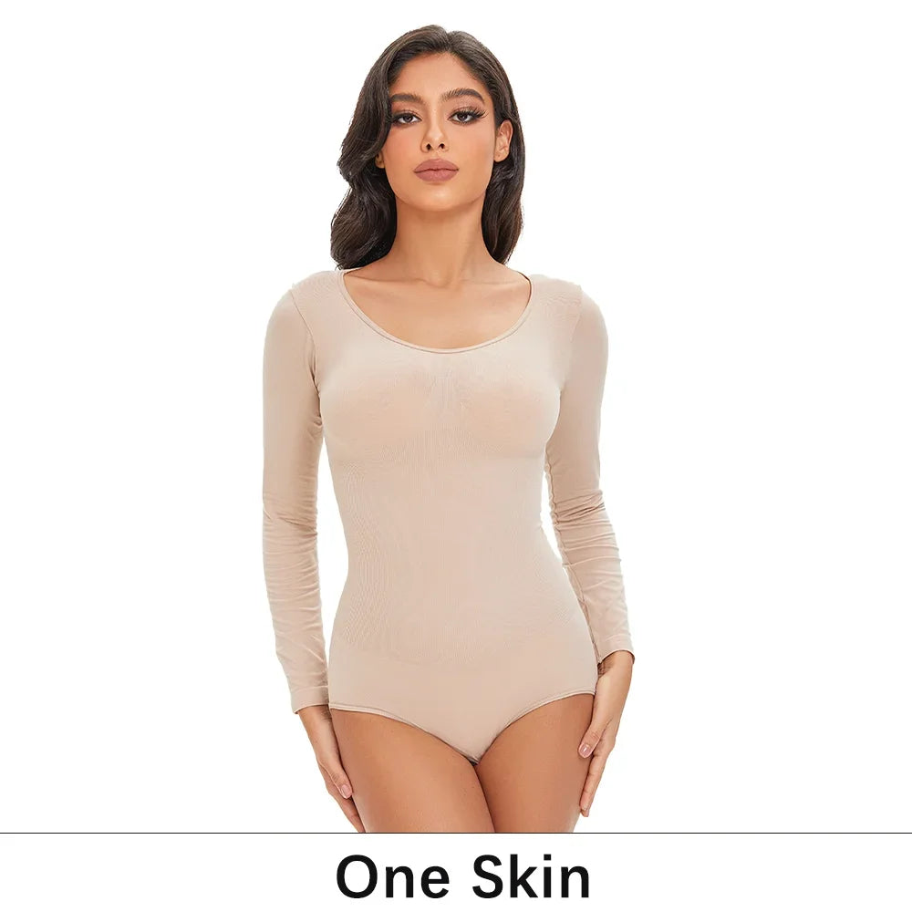 Pokarla Body Suit Spandex Elastico Shapewear Donna Controllo Pancia Manica Lunga Cavallo Aperto Girocollo Shaper