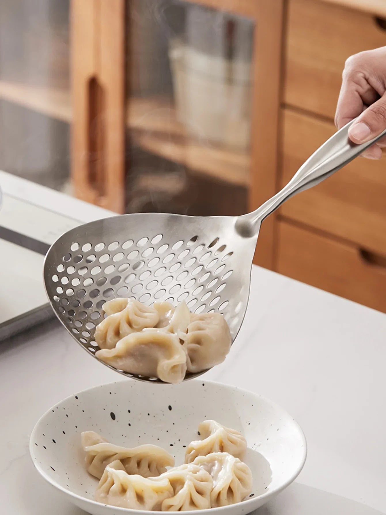 1 cucchiaio per schiumarola grande e durevole in acciaio inossidabile, cucchiaio per colino per alimenti resistente per friggere e cucinare, utensili da cucina