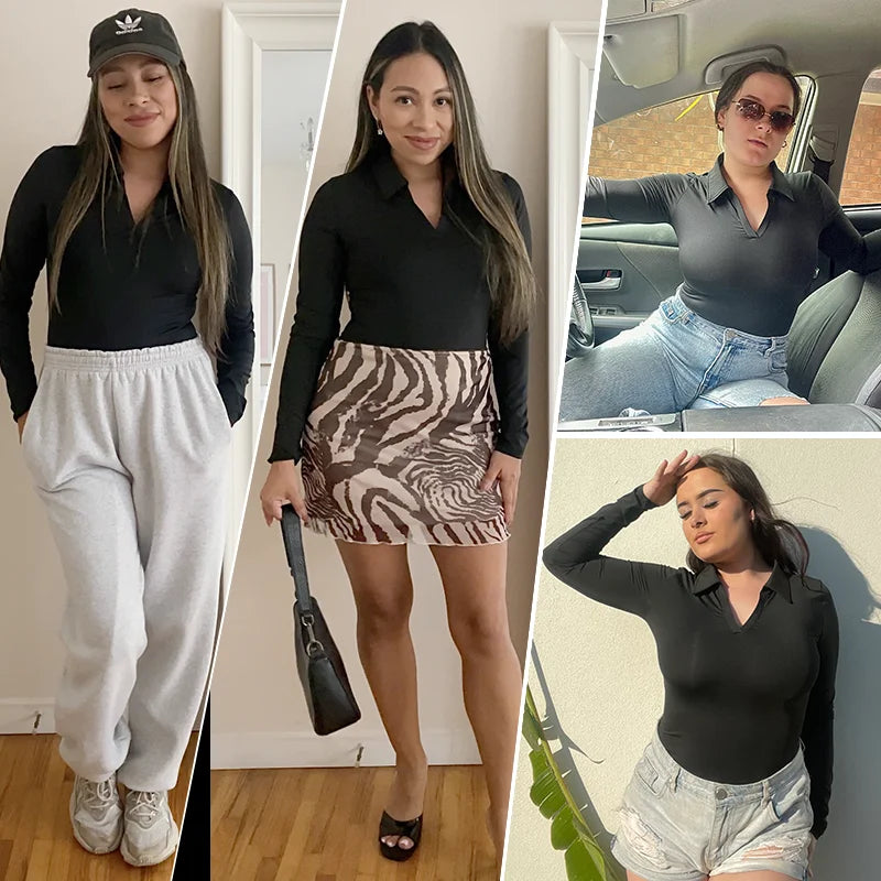 Body sexy da donna a maniche lunghe Colletto rovesciato Scollo a V Shapewear Camicia per il controllo della pancia Camicia per il sollevamento del sedere Compressione senza cuciture