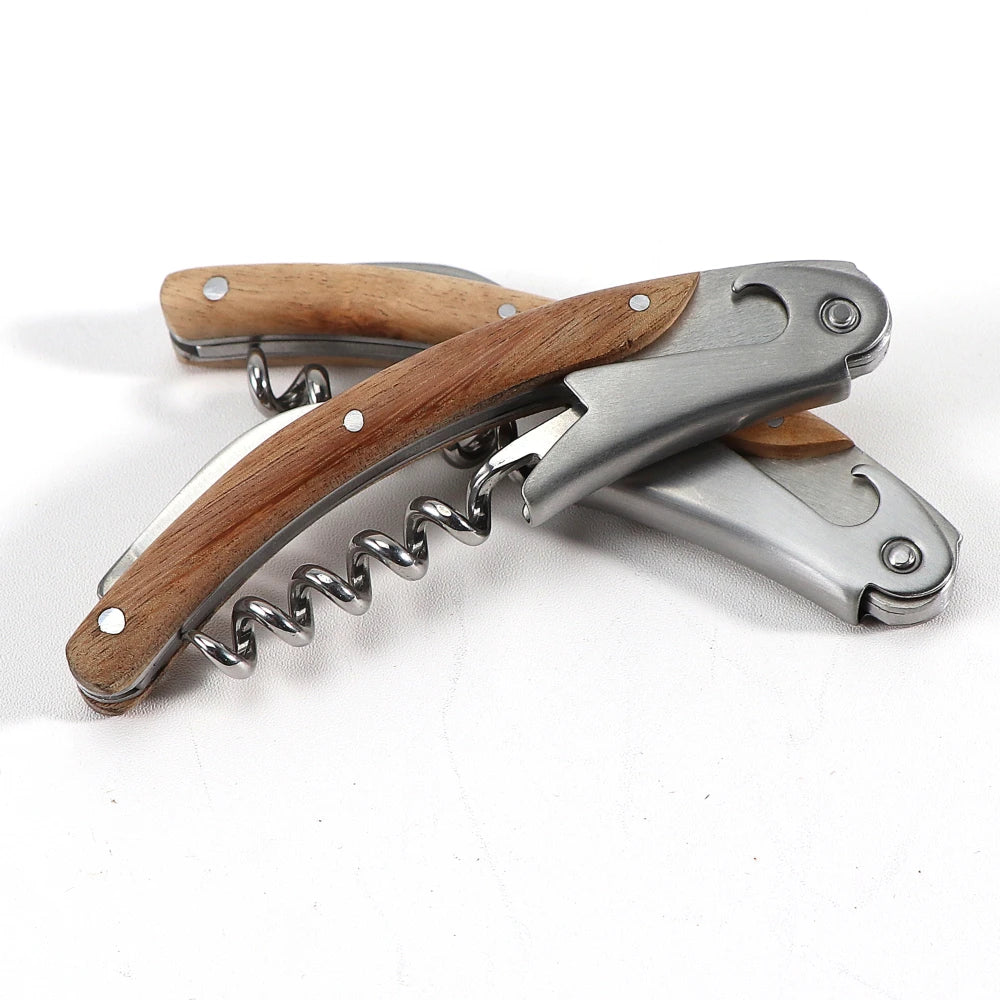 Set Apribottiglie in Legno Naturale 1 2 o 4 Pezzi Cavatappi Micro Serrato con Coltello Affilato per Vino e Birra