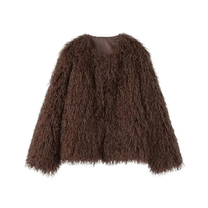Cappotto Donna Pelliccia Sintetica Marrone Girocollo Allentato Maniche Lunghe Spessa Peluche Giacca Inverno Nuovo 7A1041