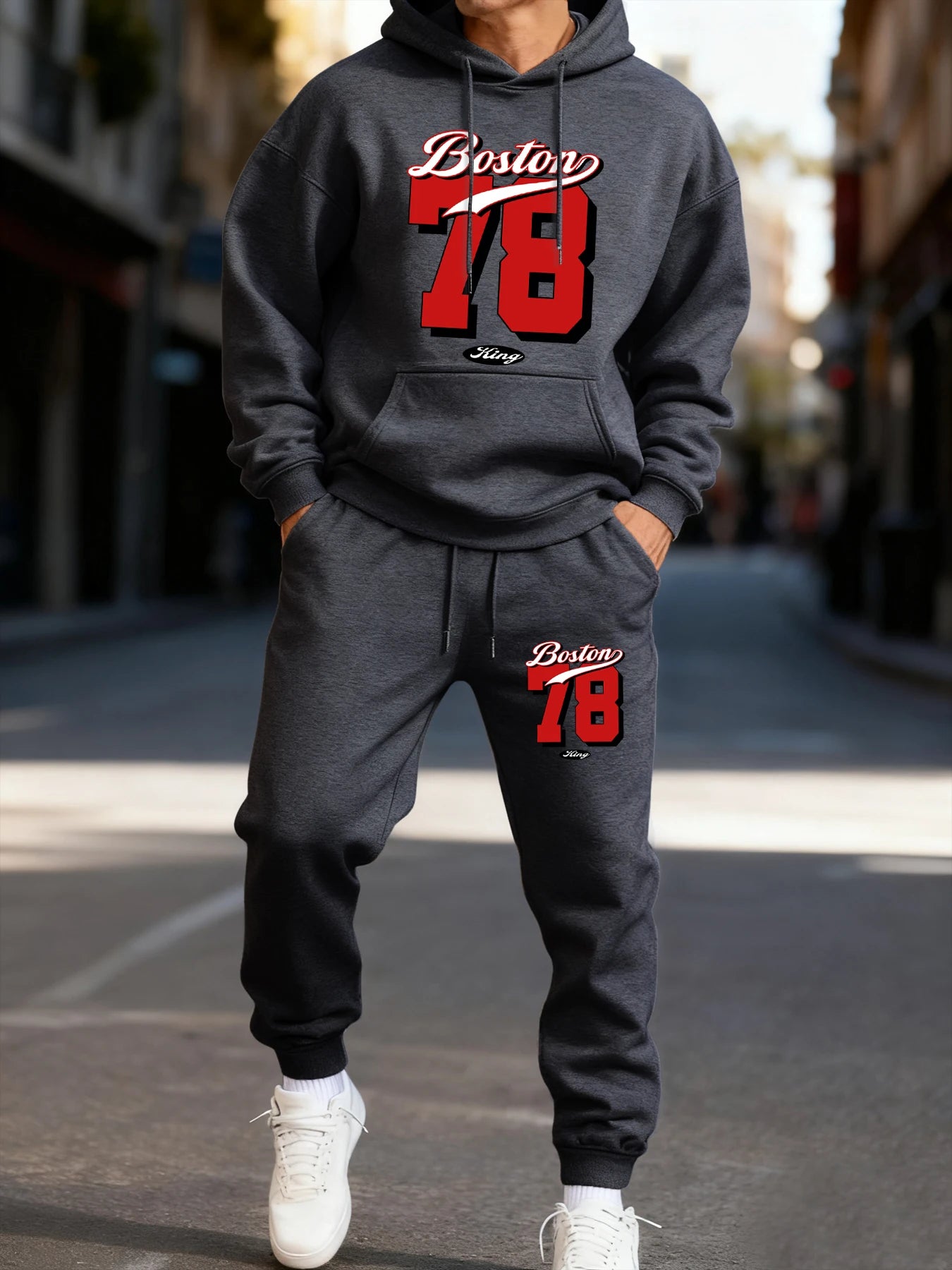 Boston 78 Stampa Felpa Con Cappuccio Da Uomo Due Pezzi Set Autunno Inverno Abbigliamento Sportivo Completo