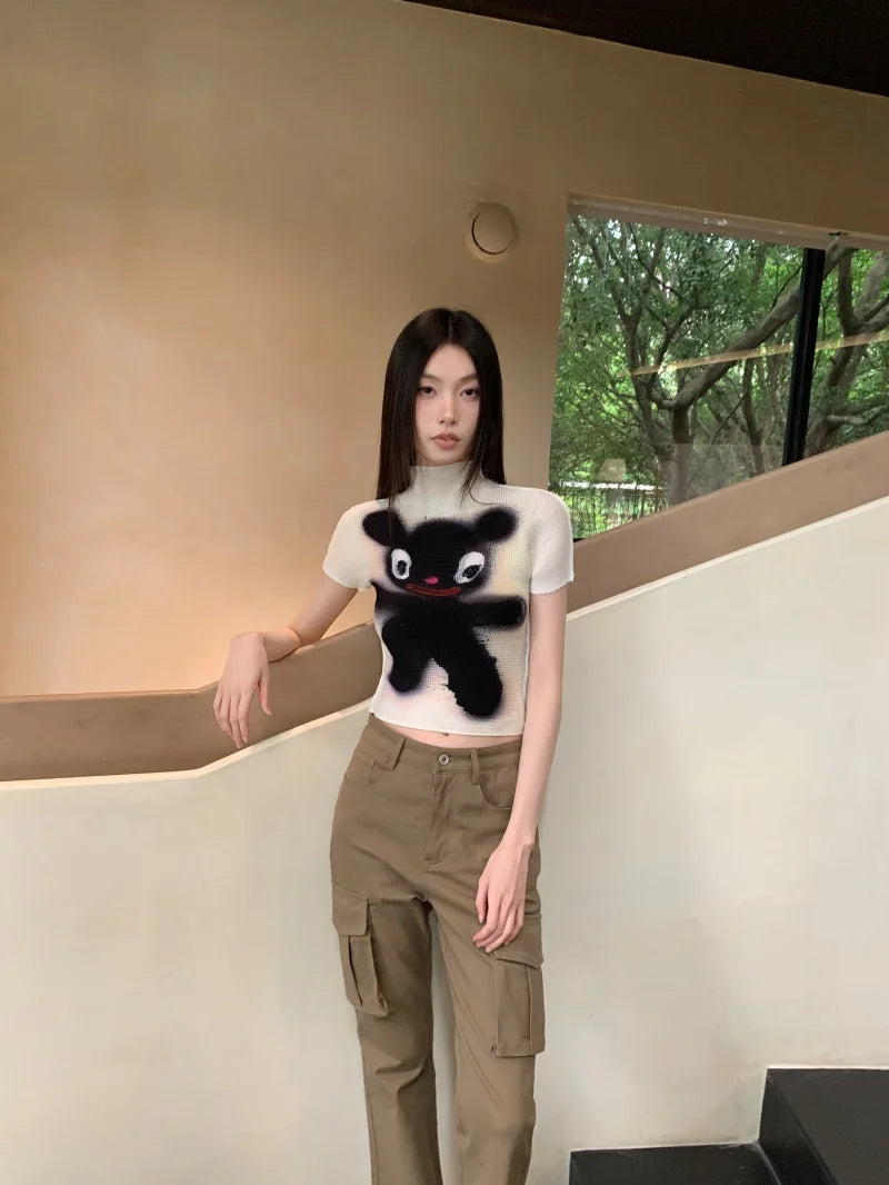 Cheerart Y2K Moda Crop Top Piega Da Donne Estate Manica Corta Kawaii Cartoon T Shirt Abbigliamento