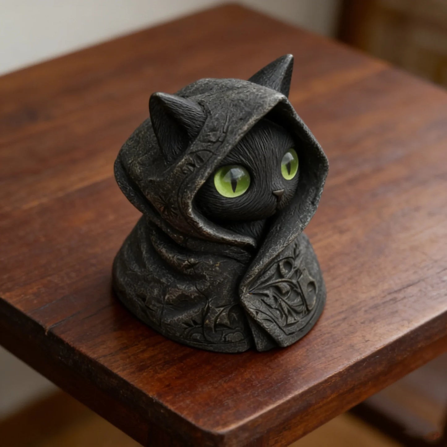 Statuetta Misteriosa Del Gatto Con Cappuccio Nero Gotico In Resina Con Mantello Nero E Occhi Verdi Per Collezione