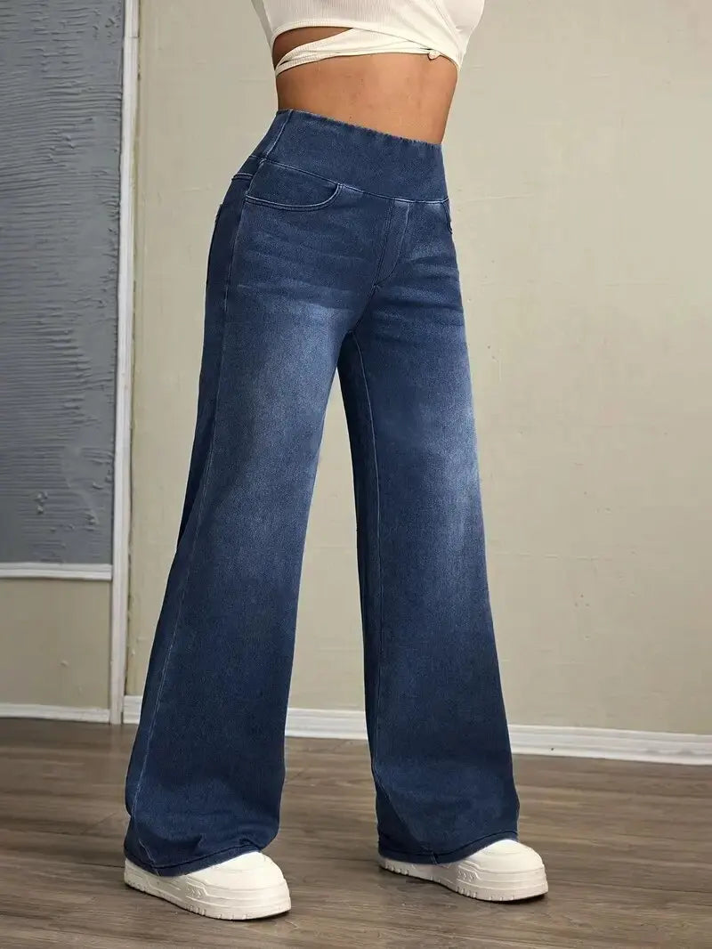 Jeans Da Donna Nuovi Pantaloni A Gamba Dritta Larghi Elasticizzati In Vita Elastica Moda Comodi Transfrontalieri