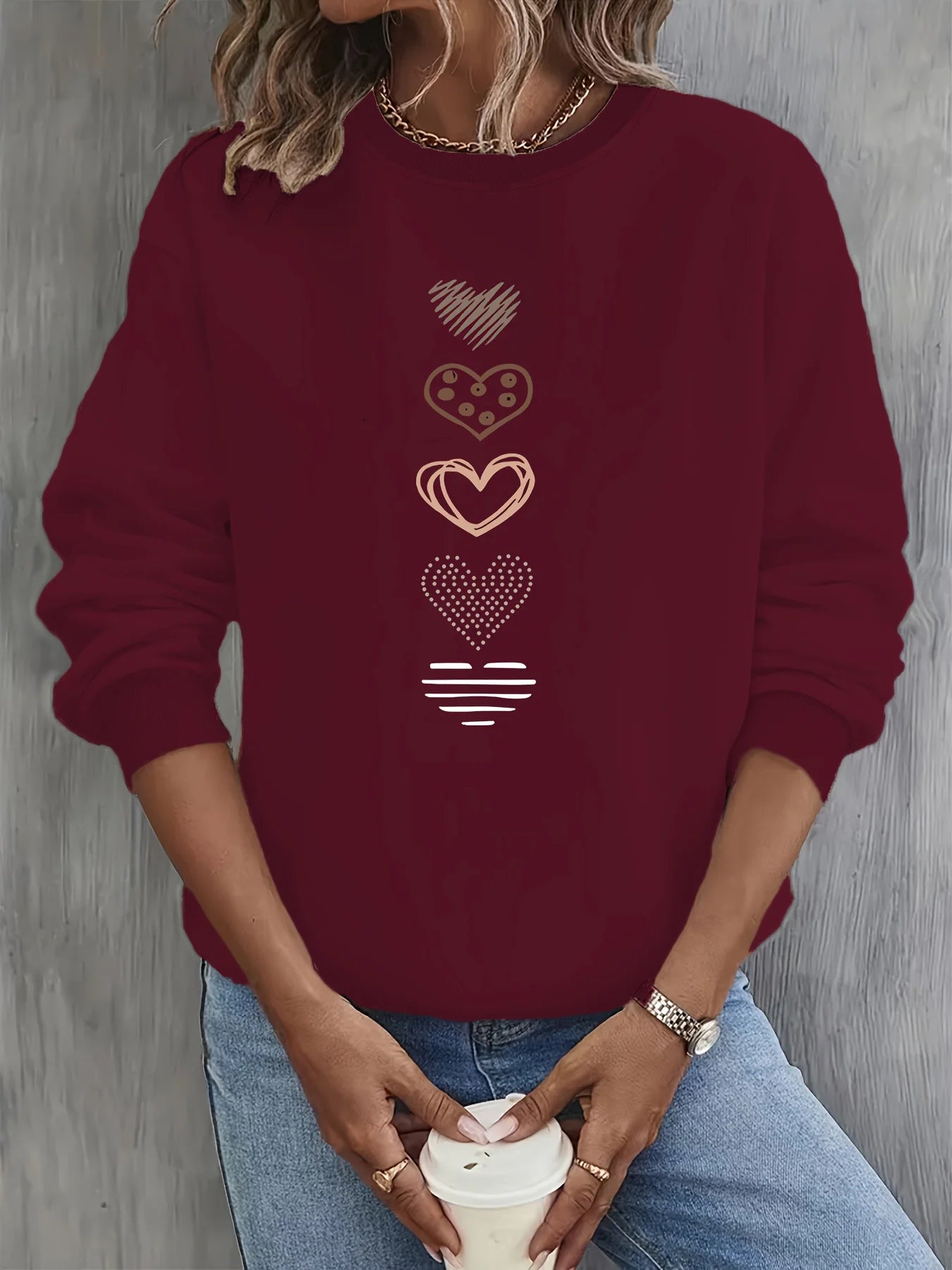 Felpa Donna Con Stampa Cuore Design Geometrico Manica Lunga Girocollo Lavabile In Lavatrice Vestibilità Regolare Autunno