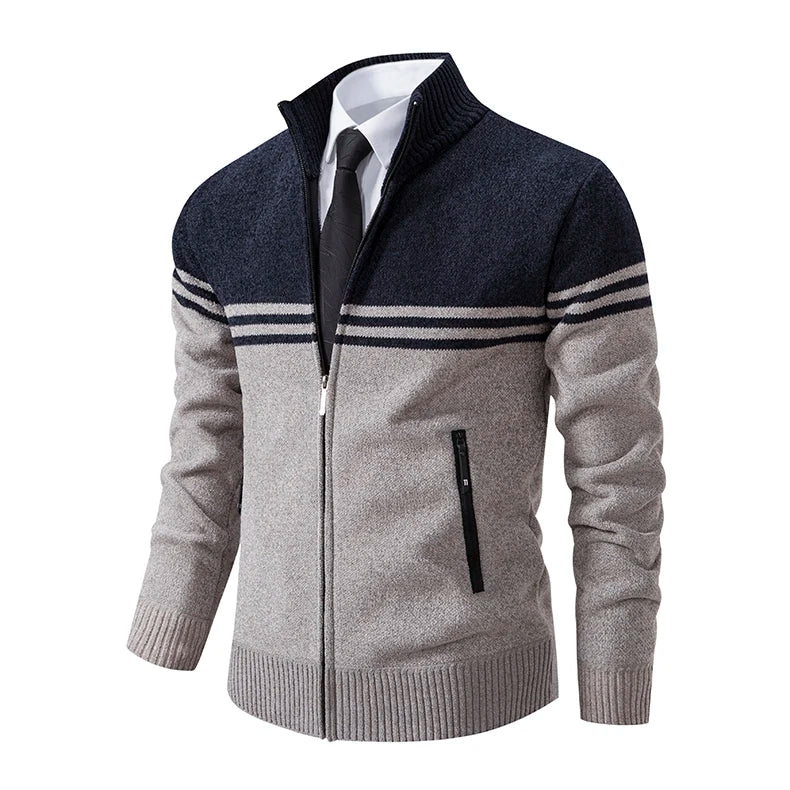 Nuovo Maglione Invernale da Uomo in Pile Spesso con Colletto Coreano e Cerniera Cardigan Casual a Righe