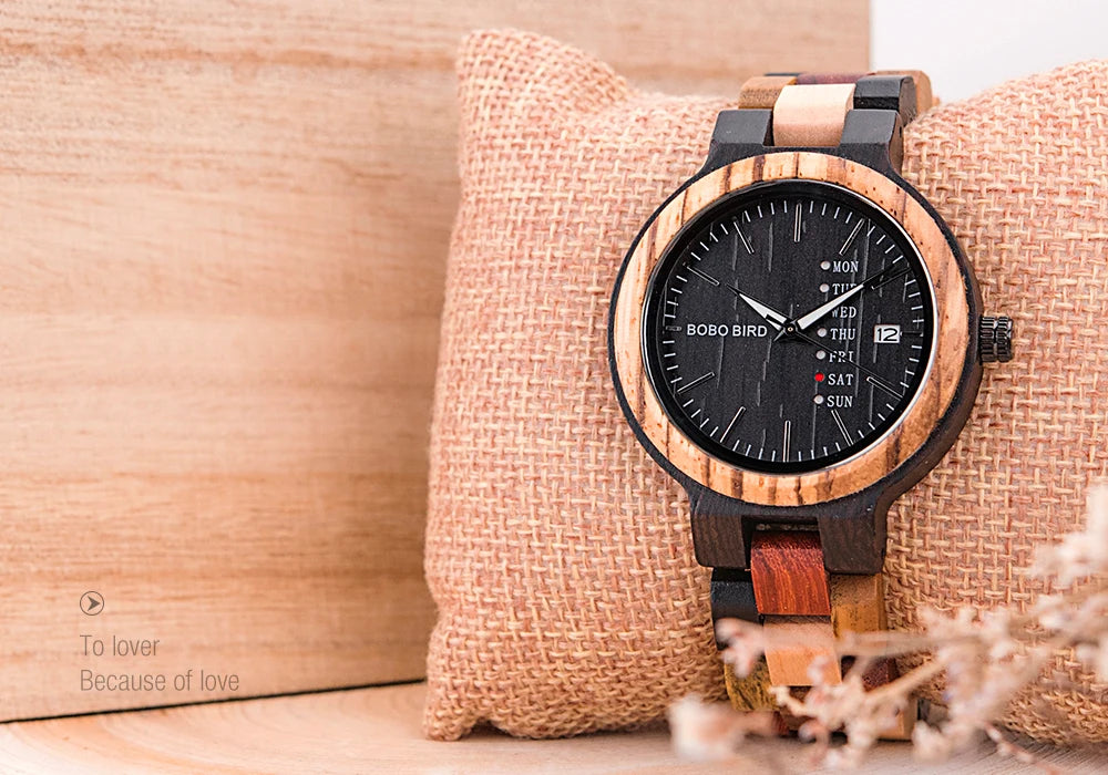 Orologio In Legno Unisex Quarzo Settimana Data Coppia Cinturino Colorato Logo Personalizzato Regalo Dropship