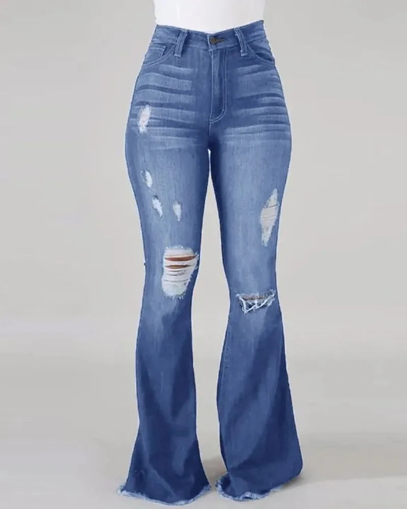 Jeans Zampa Elefante Vita Alta Da Donna Con Strappi Pantaloni Lunghi Super Elastici Design Lavato Origine Cinese