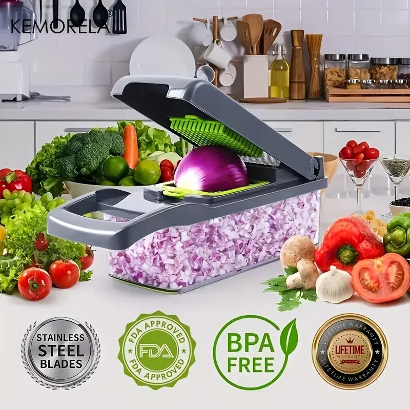 KEMORELA Tritatutto Multifunzionale 14 In 1 Per Verdure E Cipolle Lama Inox Manico Ergonomico Affettatrice Dicer Cucina