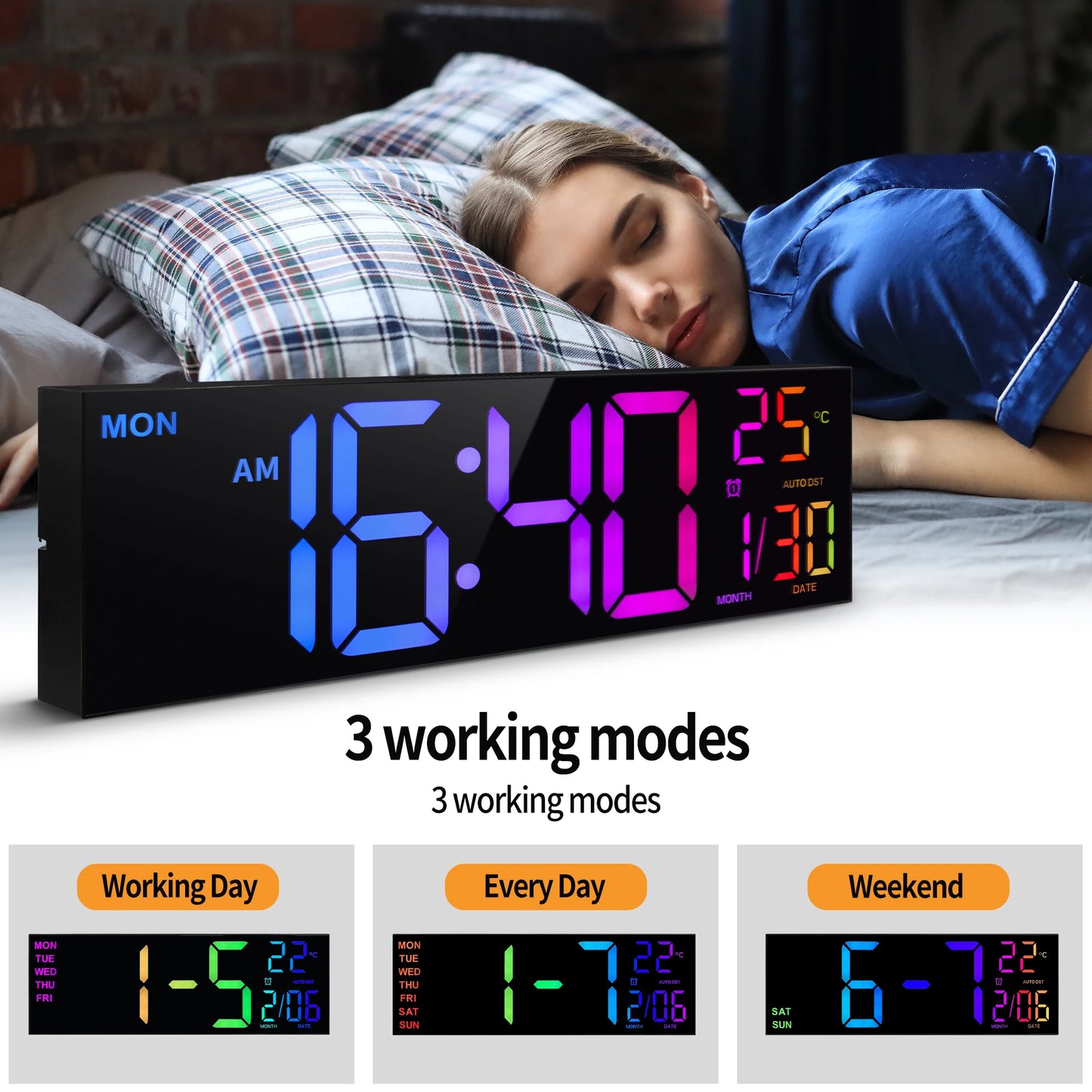 Orologio Da Parete Digitale 16 Pollici Con Display LED E Telecomando 8 Colori RGB Allarme DST Temperatura Per Soggiorno