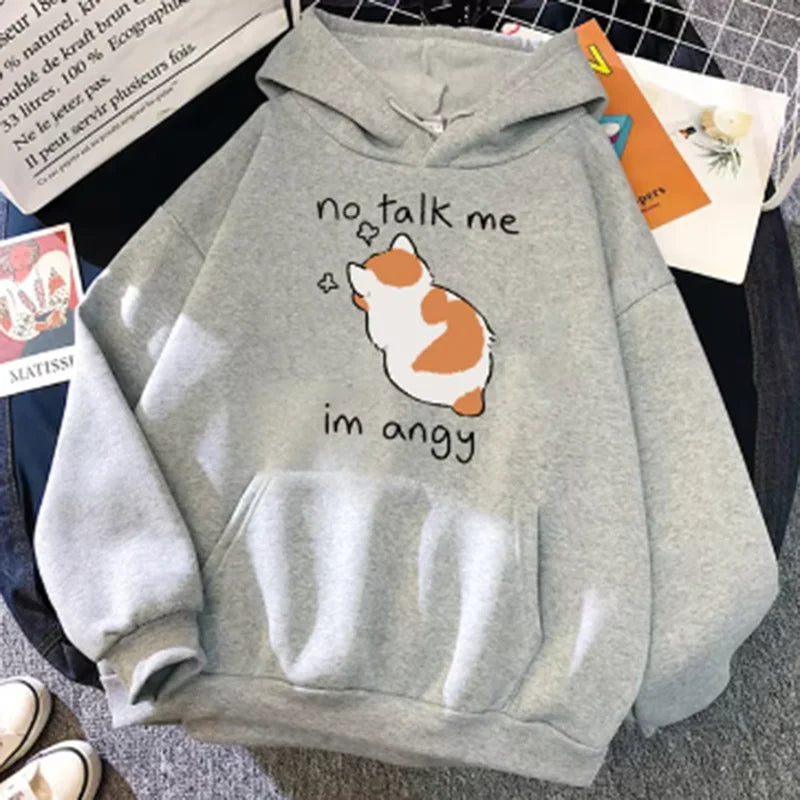 Felpa Con Cappuccio Oversize Donna Stampa Gatto Arrabbiato No Talk Me Cute Hip Hop Streetwear Pile Morbido