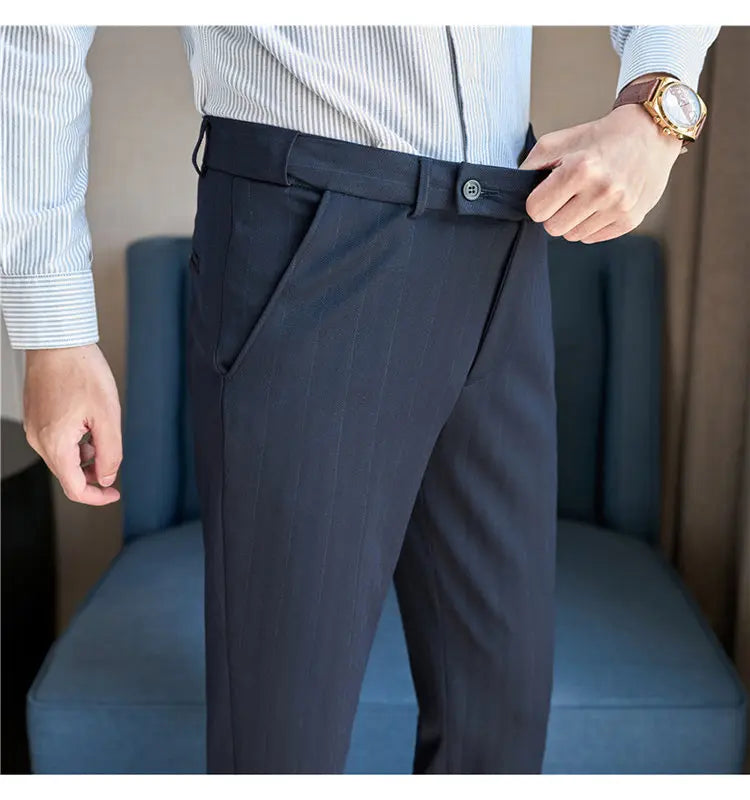 Pantaloni Da Abito Inverno In Lana Spessa Con Vita Elastica Gessati E Tinta Unita Per Uomo