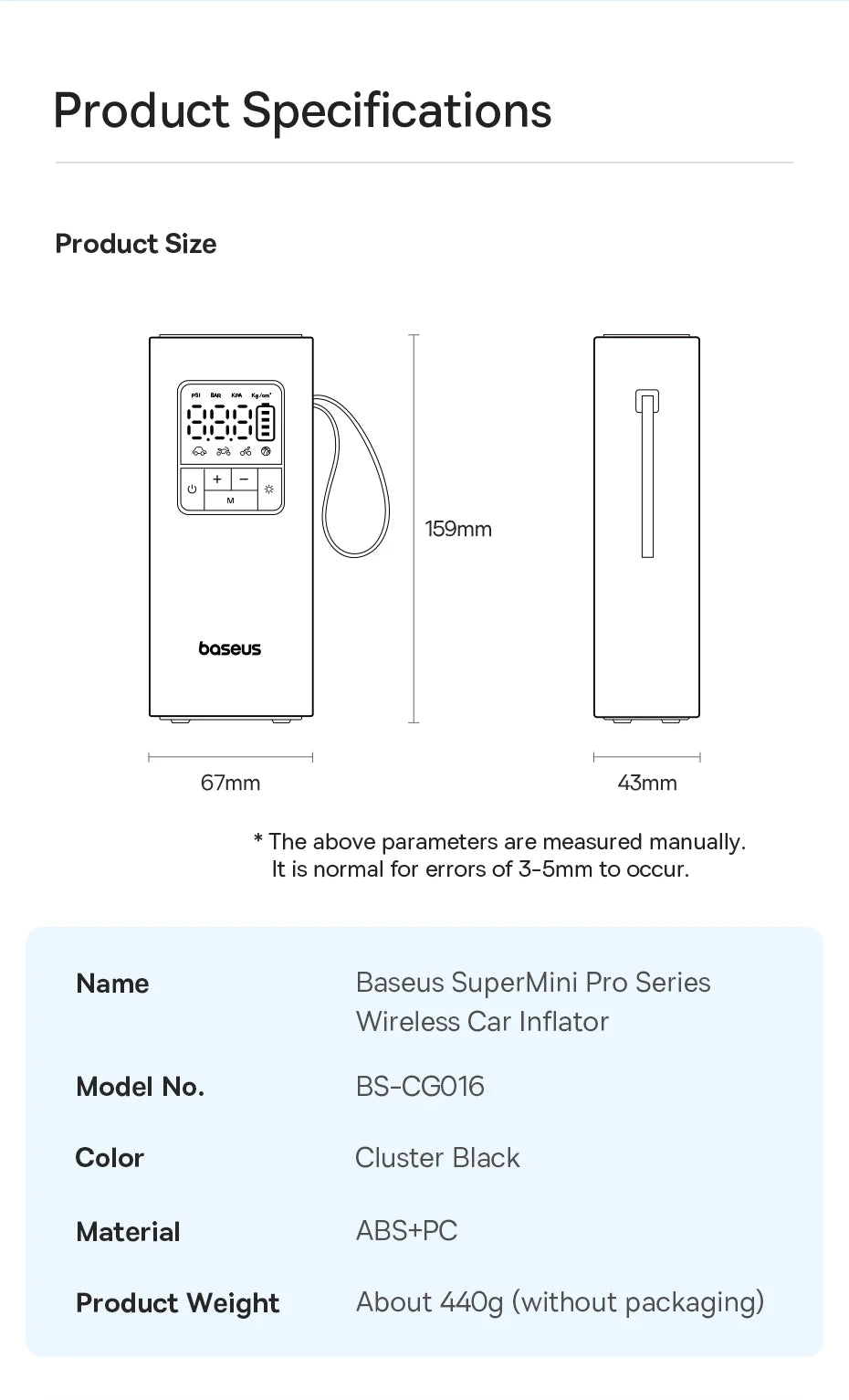 Baseus Pompa Aria Wireless Portatile Digitale 4000mAh Per Auto Moto Bici Gonfiaggio Veloce Controllo Digitale