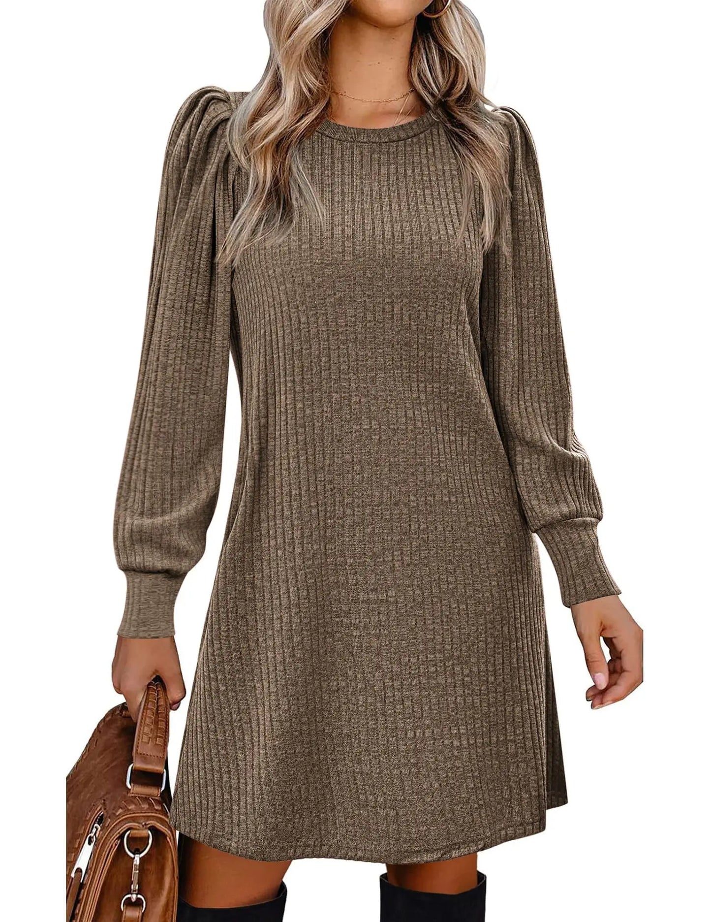 Abito da Donna in Maglia con Maniche a Palloncino e Tasche Laterali Autunno Inverno Comfort Quotidiano