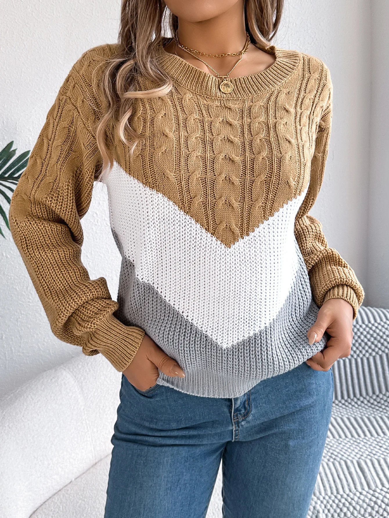 Pullover Lavorato A Maglia Autunno Inverno Color Block Manica Lanterna Collo A O Jersey Donna Elegante