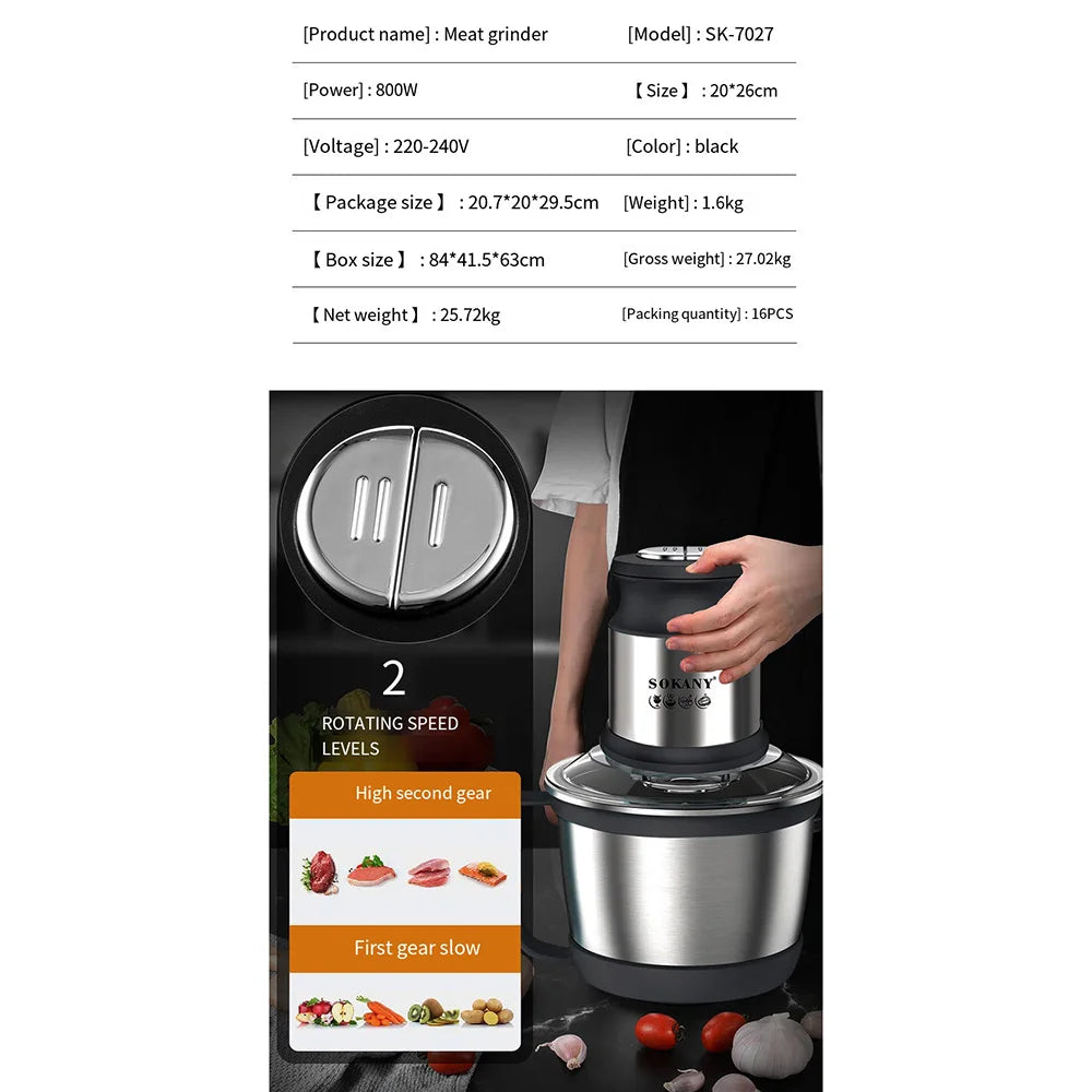 Tritacarne Elettrico 800W 3L In Acciaio Inox Frullatore Mixer Cucina Processore Alimentare Tutto in Uno 220V