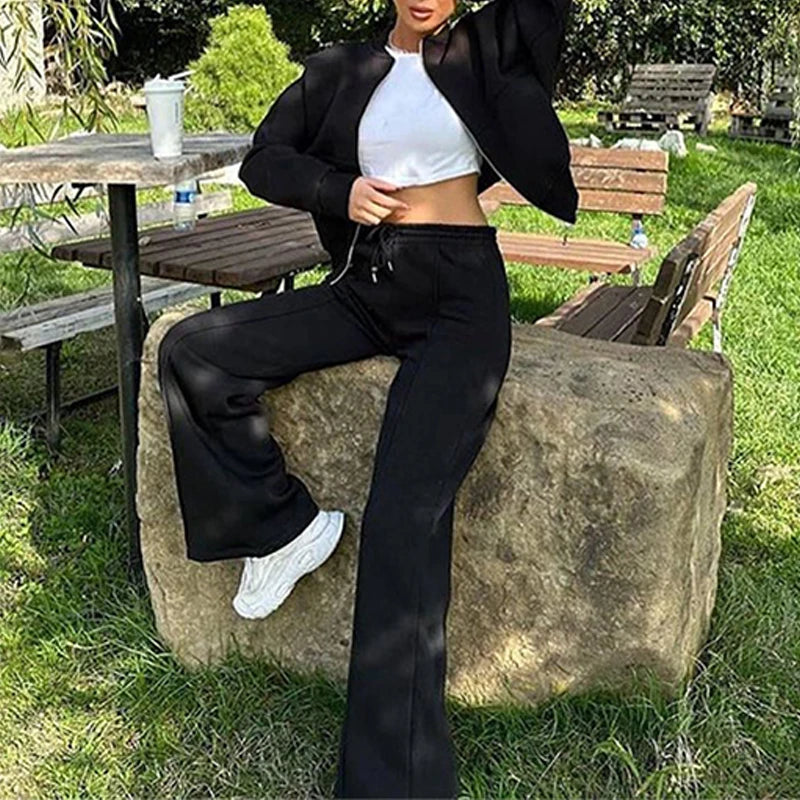 Set Di Tute Da Donna Casual Cardigan Corto Allentato Con Cerniera E Pantaloni Sportivi Con Coulisse Streetwear