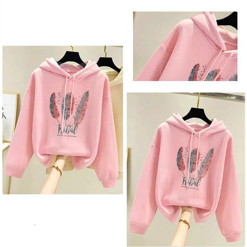 Felpa Con Cappuccio Stampata Con Piume Donna Autunno Inverno In Velluto Casual Oversize