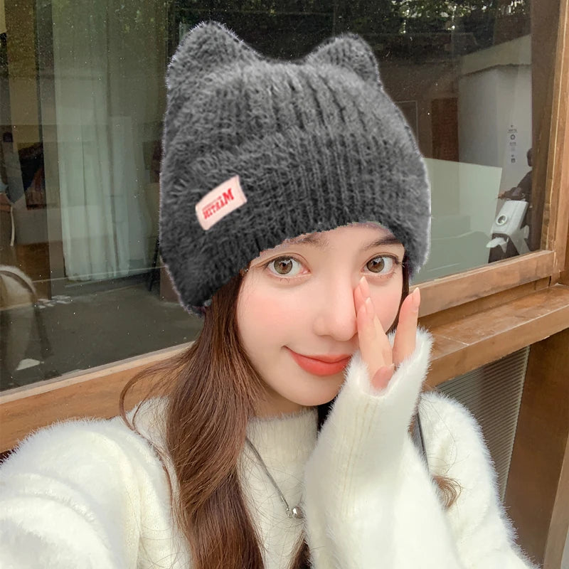 Cappello Invernale Femminile con Orecchie da Gatto Pelliccia Sintetica Lavorato a Maglia Stile Kpop Morbido Berretto