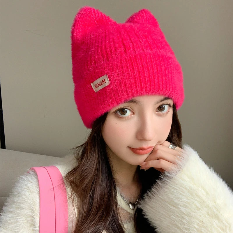 Cappello Invernale Femminile con Orecchie da Gatto Pelliccia Sintetica Lavorato a Maglia Stile Kpop Morbido Berretto