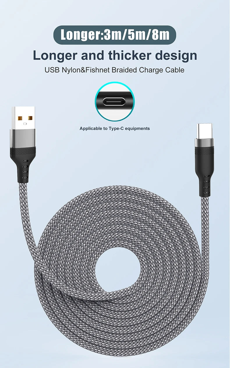 Cavo di Ricarica USB Tipo C 6A Esteso 1m 2m 3m 5m 8m Compatibile con Huawei Xiaomi OnePlus Oppo Vivo Treccia Durevole