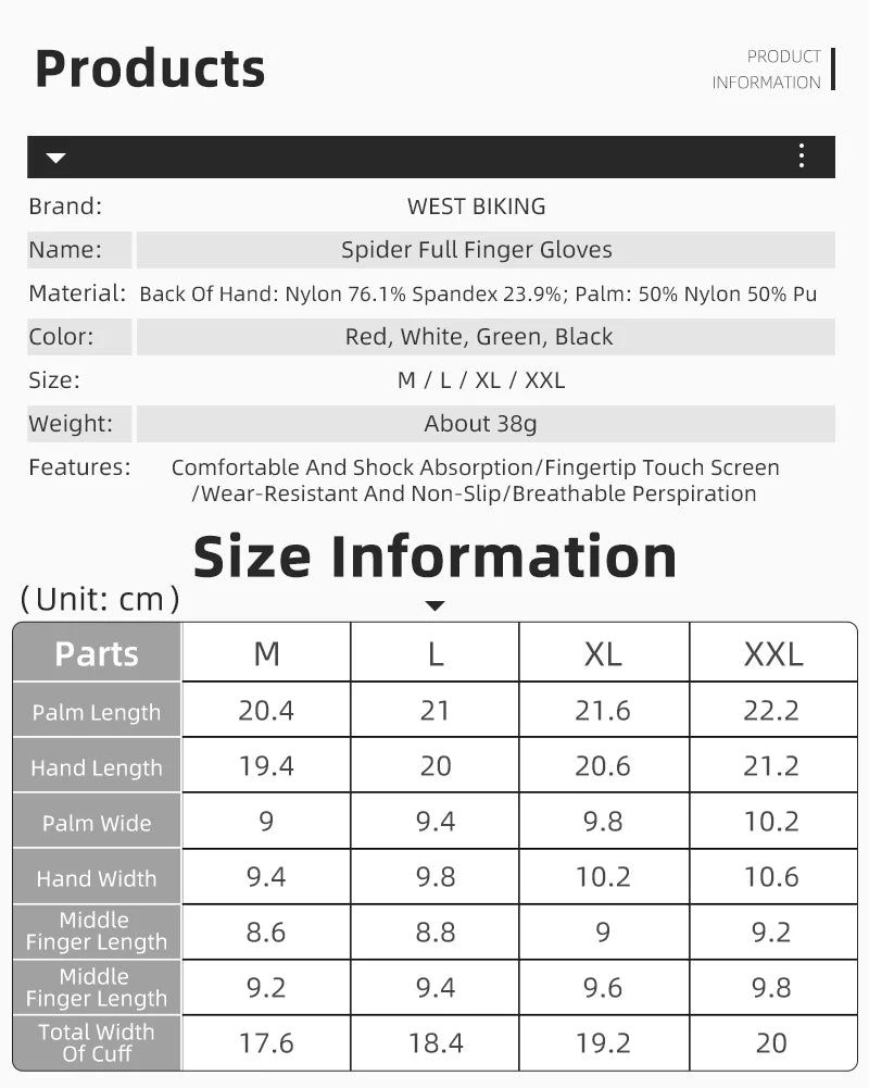 West Biking Guanti da Ciclismo Mezze Dita Spider Pattern Estivi Touch Screen per Bici da Strada e Mountain Bike