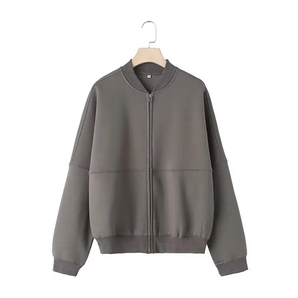 Giacche Bomber Donna Autunno 2 Pezzi Retro Tinta Unita Con Zip Pantaloni A Gamba Larga Con Lacci A Vita Alta Street Wear